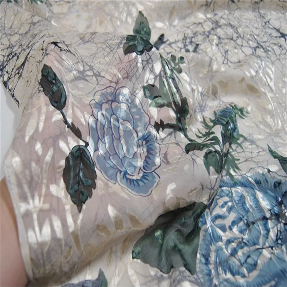 Elegant Big Blue Rose Flower Design Silk Burn Out Fabric Opal Textile for Elegant Lady Summer Clothes Dress