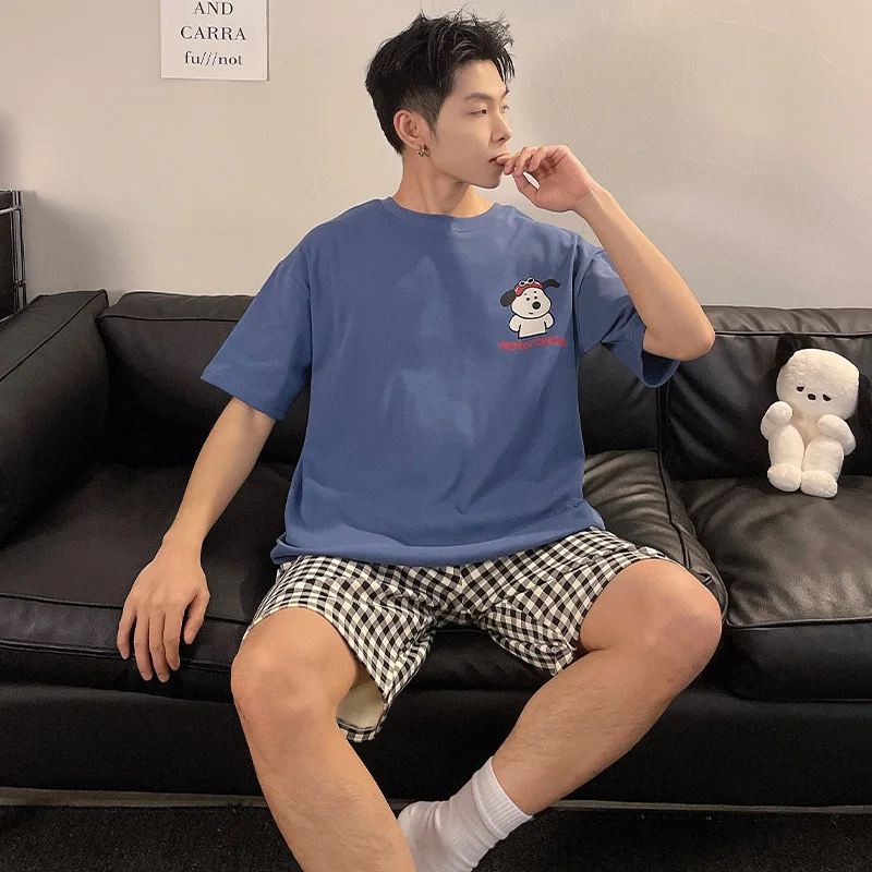 

Cotton Summer New Cartoon Print Nightwear 2Pcs Short Sleeves Shirt& Plaid Shorts Pajamas Breathable Casual Home Wear Sleepwear