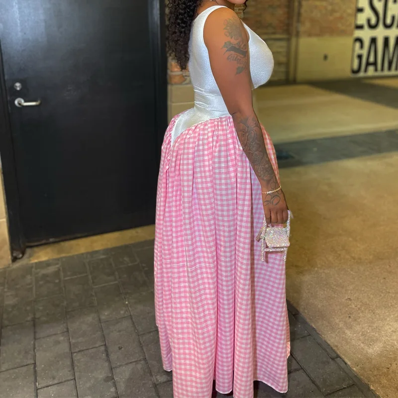 فستان Slergiri للسيدات بدون أكمام منقوش بدون أكمام لصيف 2025 برقبة سكوب وخصر عالٍ فساتين طويلة غير رسمية كبيرة سوينغ