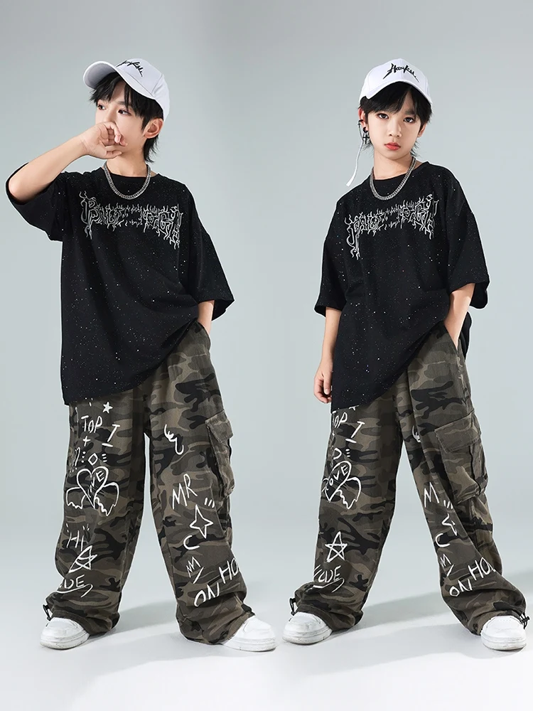 

2024 Summer Kids Hip Hop Clothing Loose Black T Shirt Pants Handsome Boys Suit Girls Jazz Kpop Performance Dance Costume BL13446