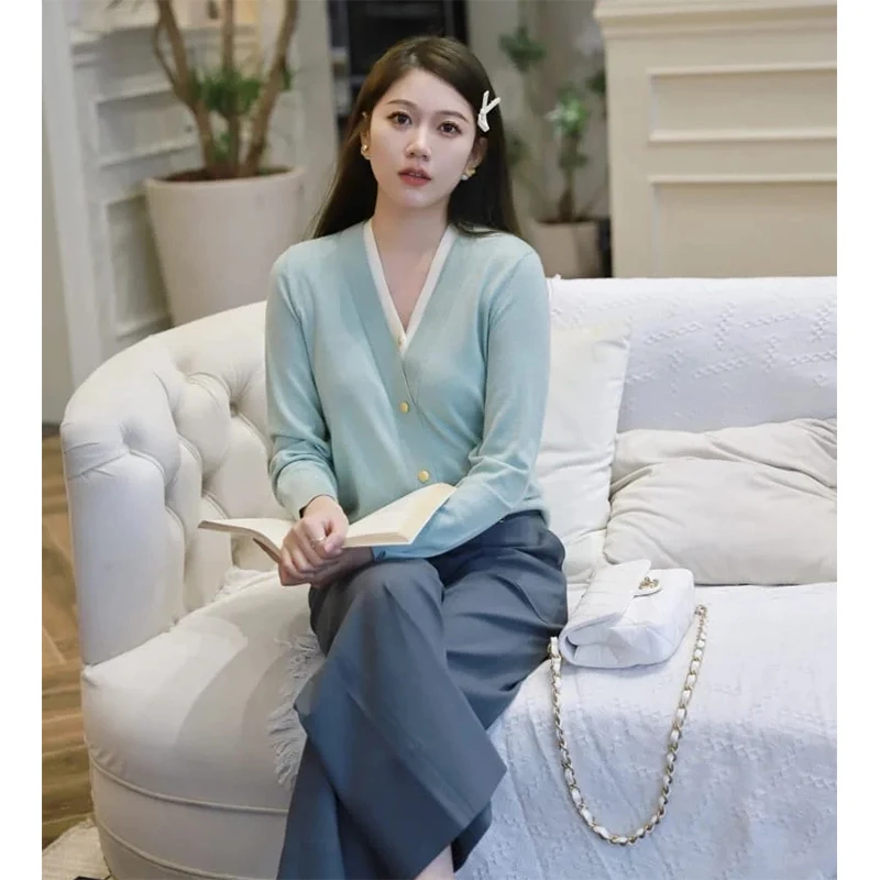 

Мягкий вязаный шерстяной жилет Ele с V-образным вырезом и длинными рукавами, весенняя мода для женщин, 3 цвета, для повседневной носки, стандартная длина