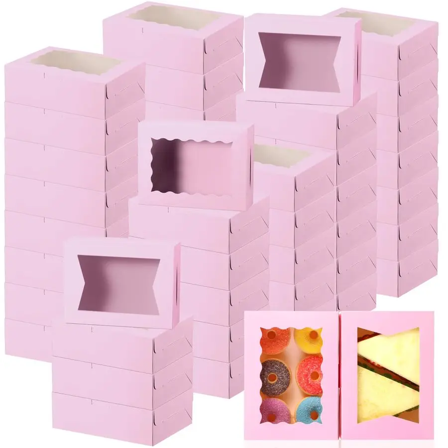 

100 Pcs 8 Inch Bakery Boxes 8 x 6 x 2.5 Inch Cookie Pastry Boxes with 2 Style Window for Cookie Treat Chocolate Strawberries Cup