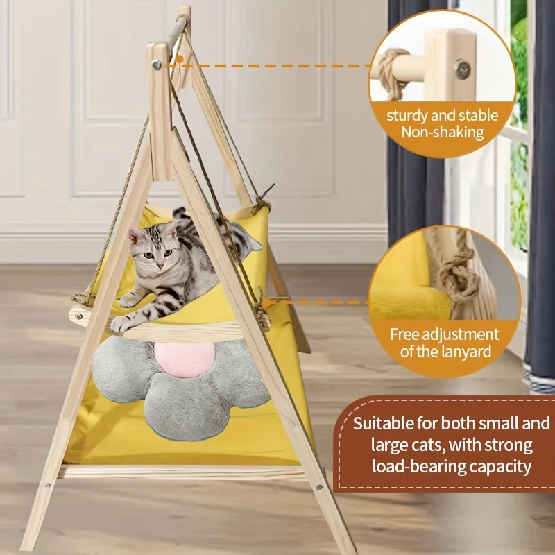 

Double-Decker Solid Wood Cat Hammock Wall Shelf - Removable Washable Cushions, Rocking Perch & Lounge for Multi-Cat Homes
