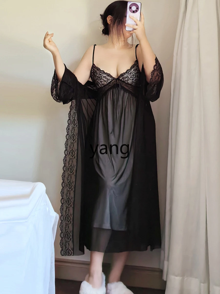 LMM long pajamas women's large size summer fat mm lace hollow with chest pad