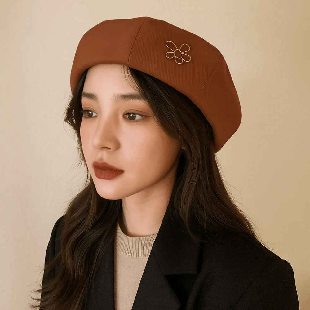 Elegante Blume Frauen Berets Großen Kopfumfang Warm Halten Achteckigen Hut Koreanischen Stil Einfarbig Britischen Maler Kappen Mädchen