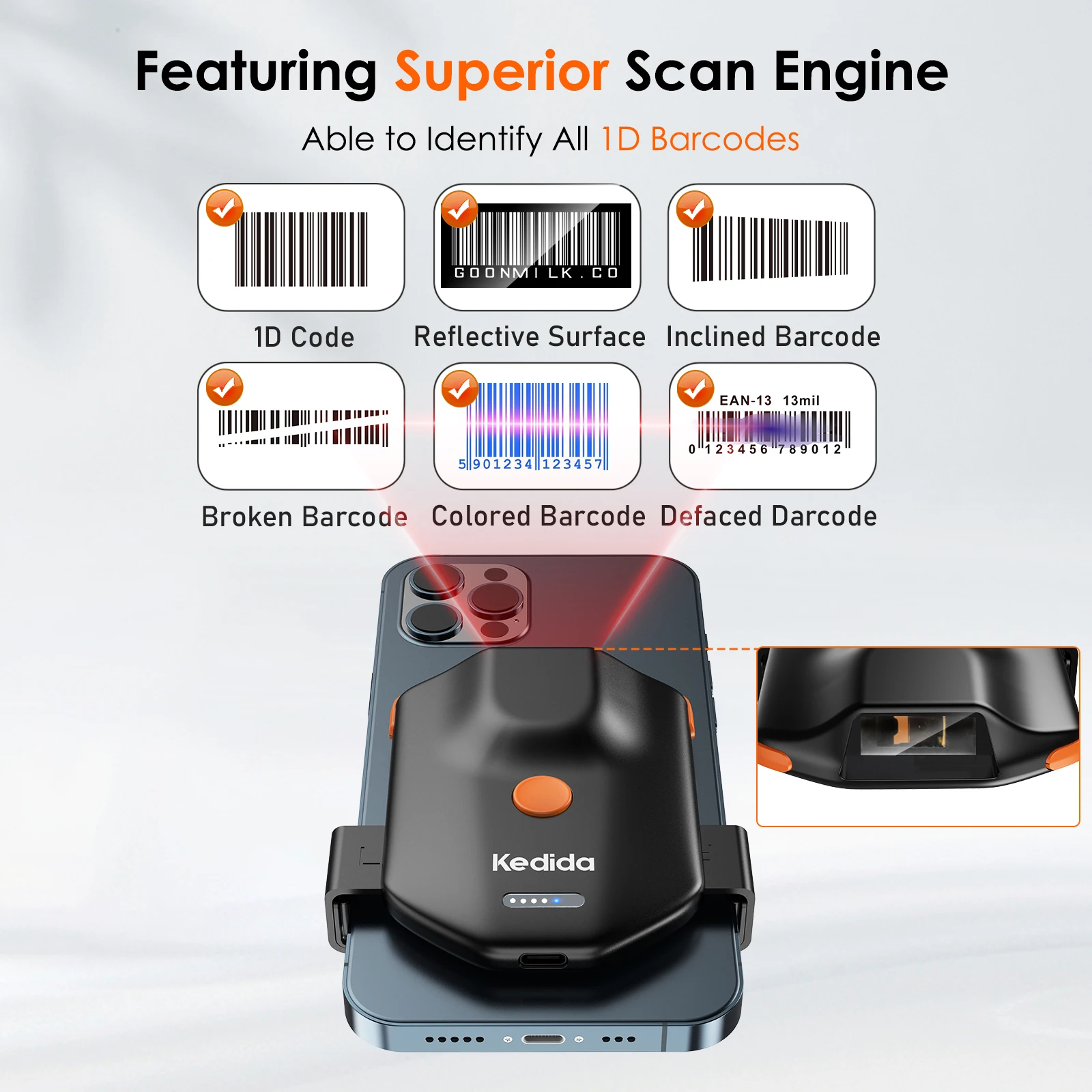 1D Bluetooth Barcode Scanner Kedida Portable Back Clip Wireless Bar Code Scanner Inventory Bar Code Reader Work with Windows