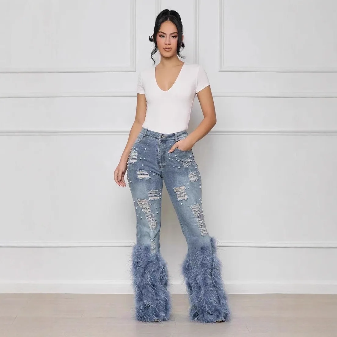 

Women's Euro-American Style Fashion Casual Beaded Ripped Jeans Spring Washed Distressed Long Tassel Fringe Floor-Length Jeans