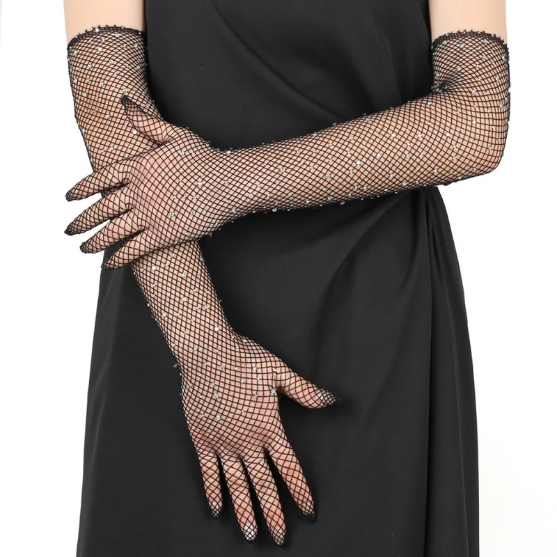 Women Sexy  Rhinestone Fishnet Long Gloves For Cosplay Party Dress Punk Hip Hop Stage Performance Women Costume Accessory Gift