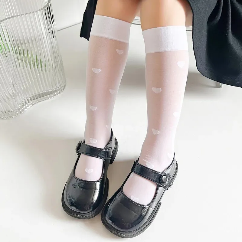 2pcs Girls' JK Lolita Calf Socks Children's Cute Heart Love Princess Knee Length Socks Summer Thin Mosquito Resistant Hosiery