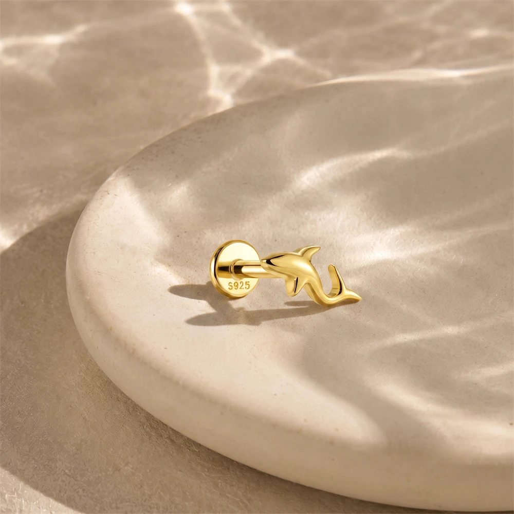AIDE 1pc 925 Sterling Silver Ocean Series Shark/Octopus/Dolphin Women's 16G Cartilage Helix Flat Back Piercing Earrings INS Gift