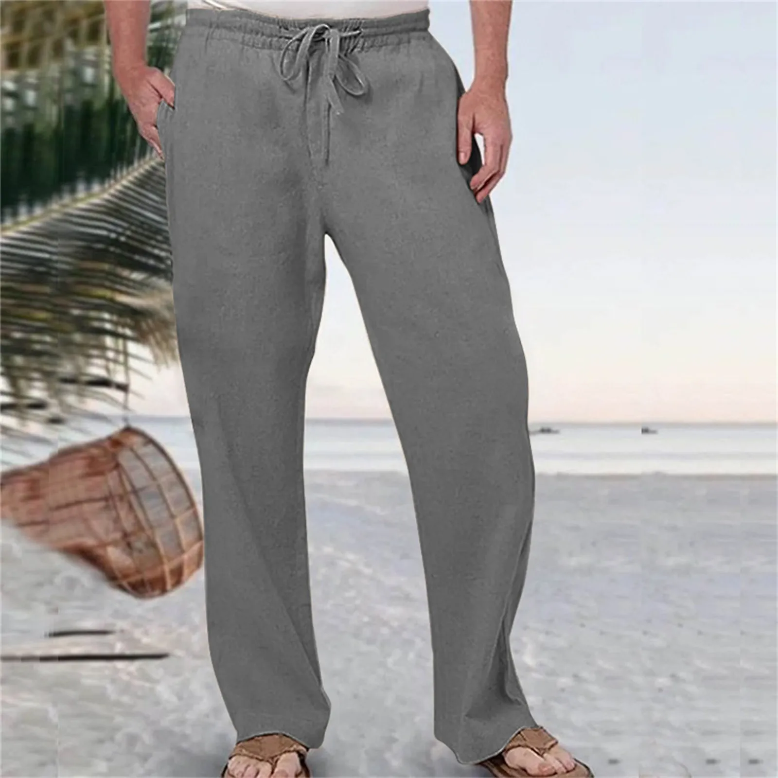 Calça comprida de linho e algodão respirável masculina com bolso, elástico na cintura, tamanho grande, calça solta, cor sólida, moda casual