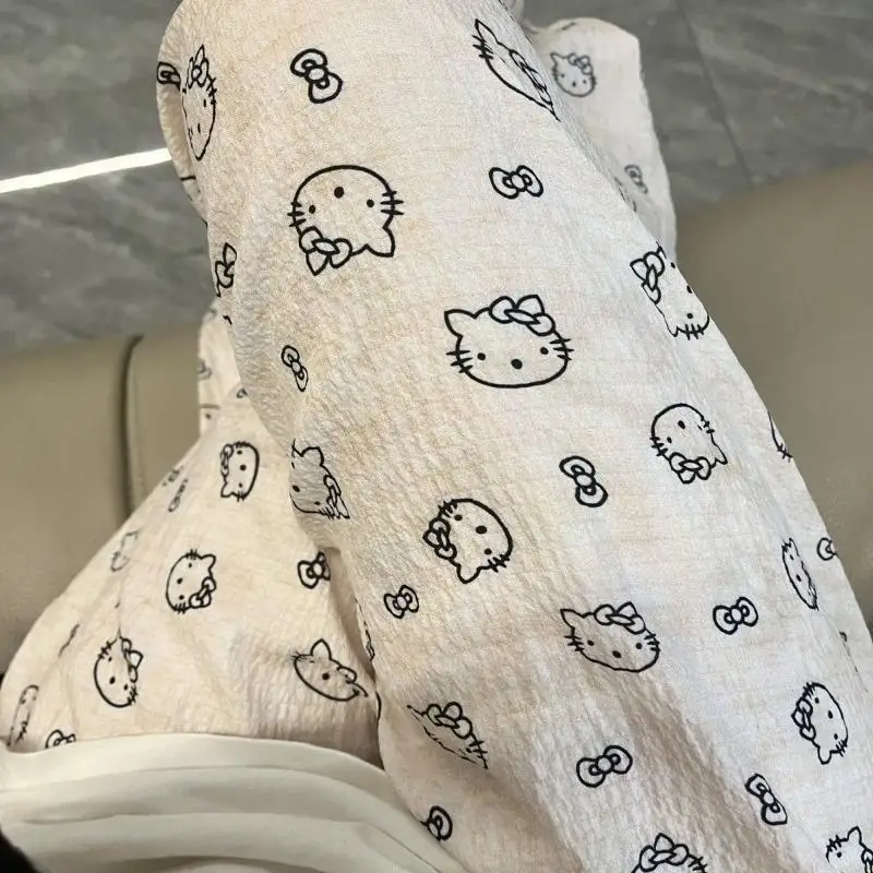 

Sanrio Kawaii пижамные штаны Hello Kitty, высокие летние штаны для девочек, милая удобная дышащая домашняя одежда, подарок для подруги