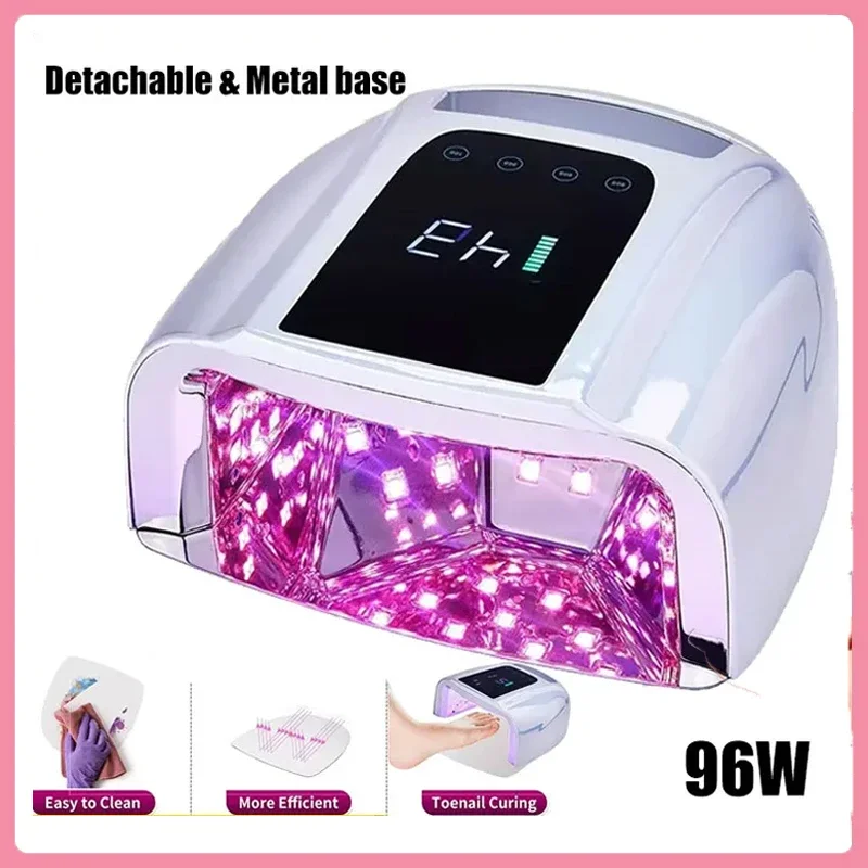 96 واط مرآة عاكسة للأشعة فوق البنفسجية LED مسمار مصباح لاسلكي مجفف مانيكير لاسلكي مع وسادة معدنية قابلة للشحن ضوء الأظافر للأظافر