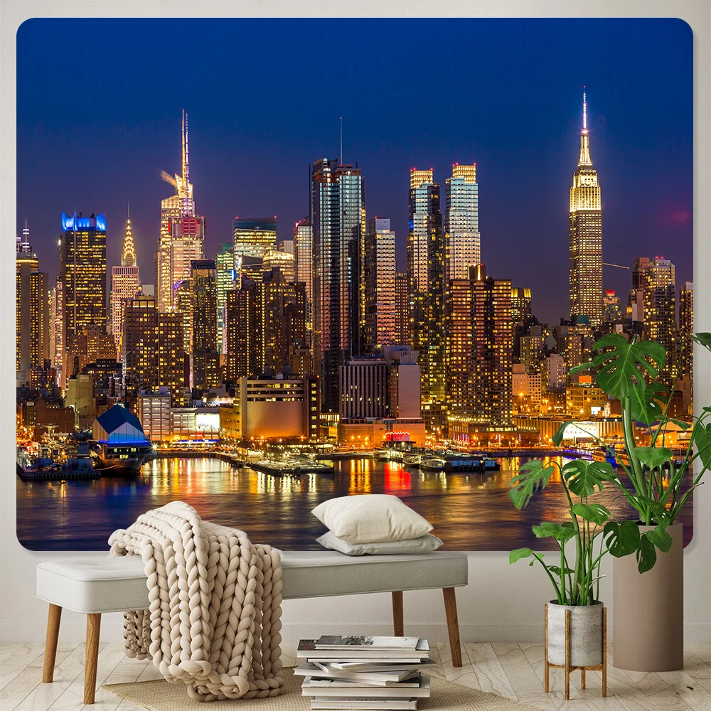 New York Night Scenery Wall Décor Backdrop Fabric Art Home Tapestry Boho Decor  Hippie Sheet Sofa Blanket