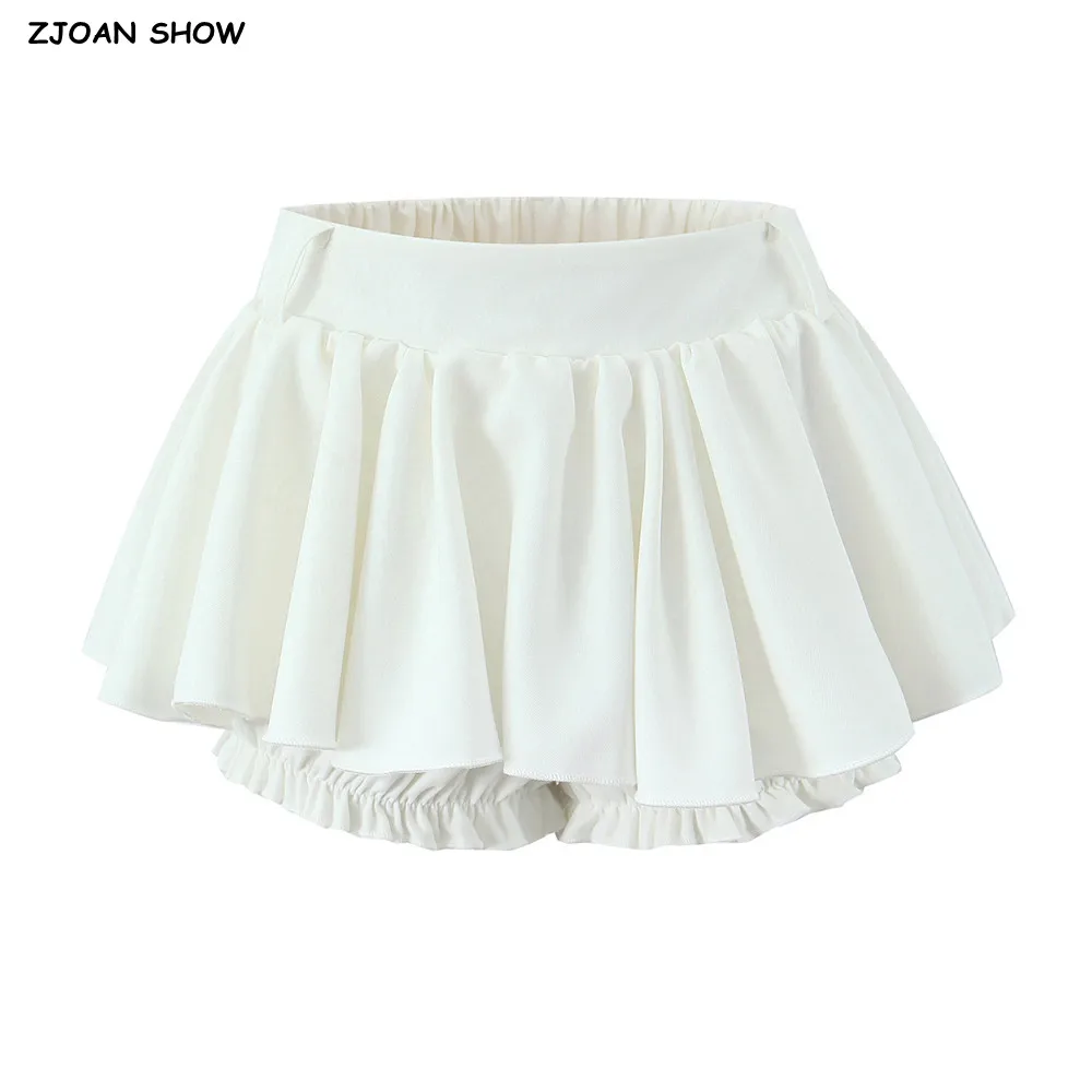 2025 Fashion Elastic Low Waist Ruffles Swing Asymmetric Mini Skirts With Bud Shorts Underwear Lining Skater Skirts White Black