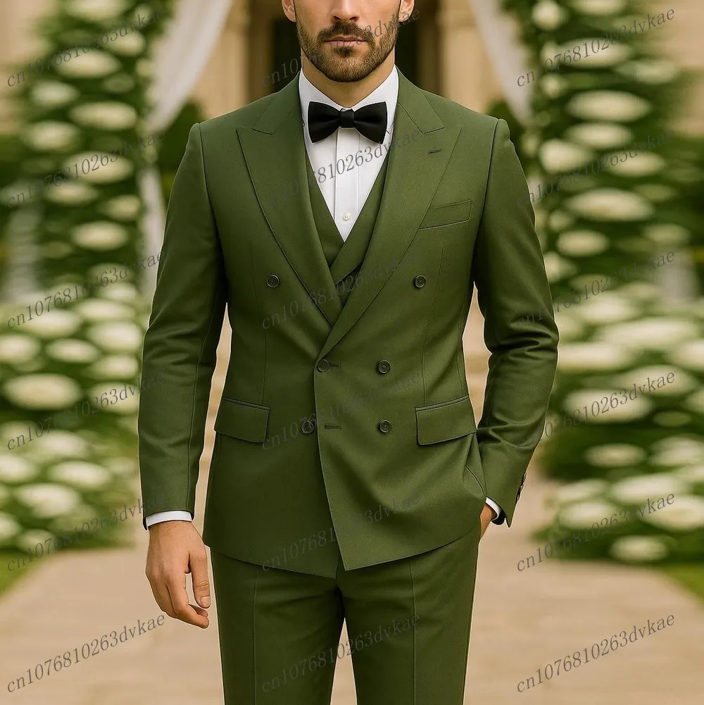 

New Business Green Male Suit Groom Groomsman Wedding Party Prom Formal Occasion Men Tuxedos 3 Piece Set Blazer Vest Pants
