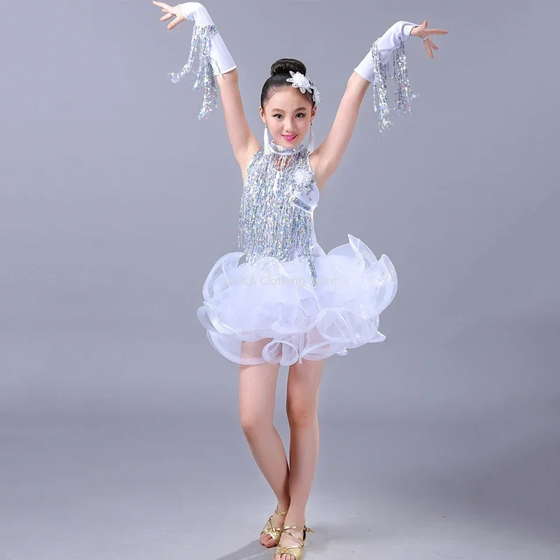 Kids Girls Sequin Fringe Latin Dance Dress For Girls Children Salsa For Competition Skirts Costumes Ballroom Dancing Dresses