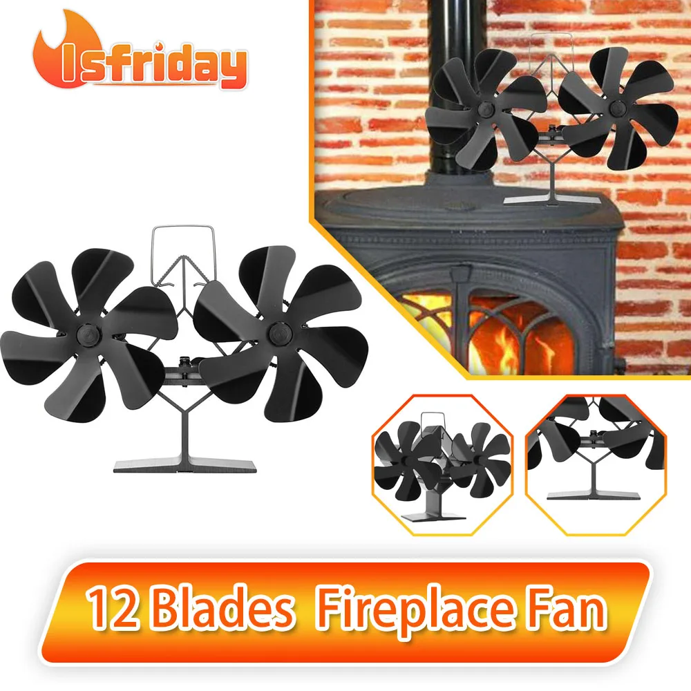 

12 Blade Wood Stove Fan Fireplace Fan Heat Powered Stove Fan Log Wood Burner Fan Quiet Home Double Head Firewood Fireplace Fan