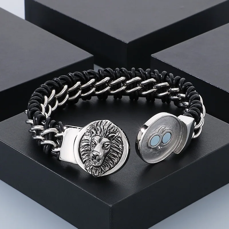 Animal Lion Head Stainless Steel Braided Leather Bracelet for Mens Gifts 18mm 8.66''