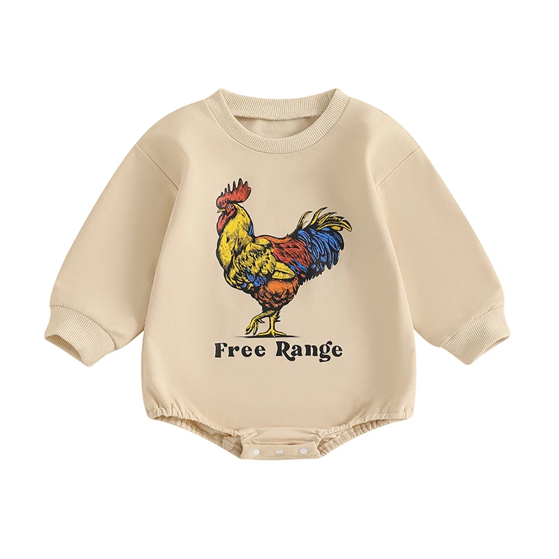 

Baby Fall Bubble Romper Rooster Letter Print Long Sleeve Crew Neck Sweatshirt Jumpsuit