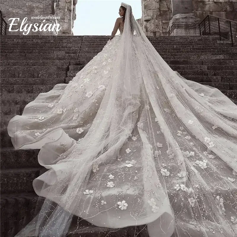 Personalizado novo vestido de casamento de luxo feito à mão elegante renda manga longa vestido de casamento sexy o-pescoço weddin