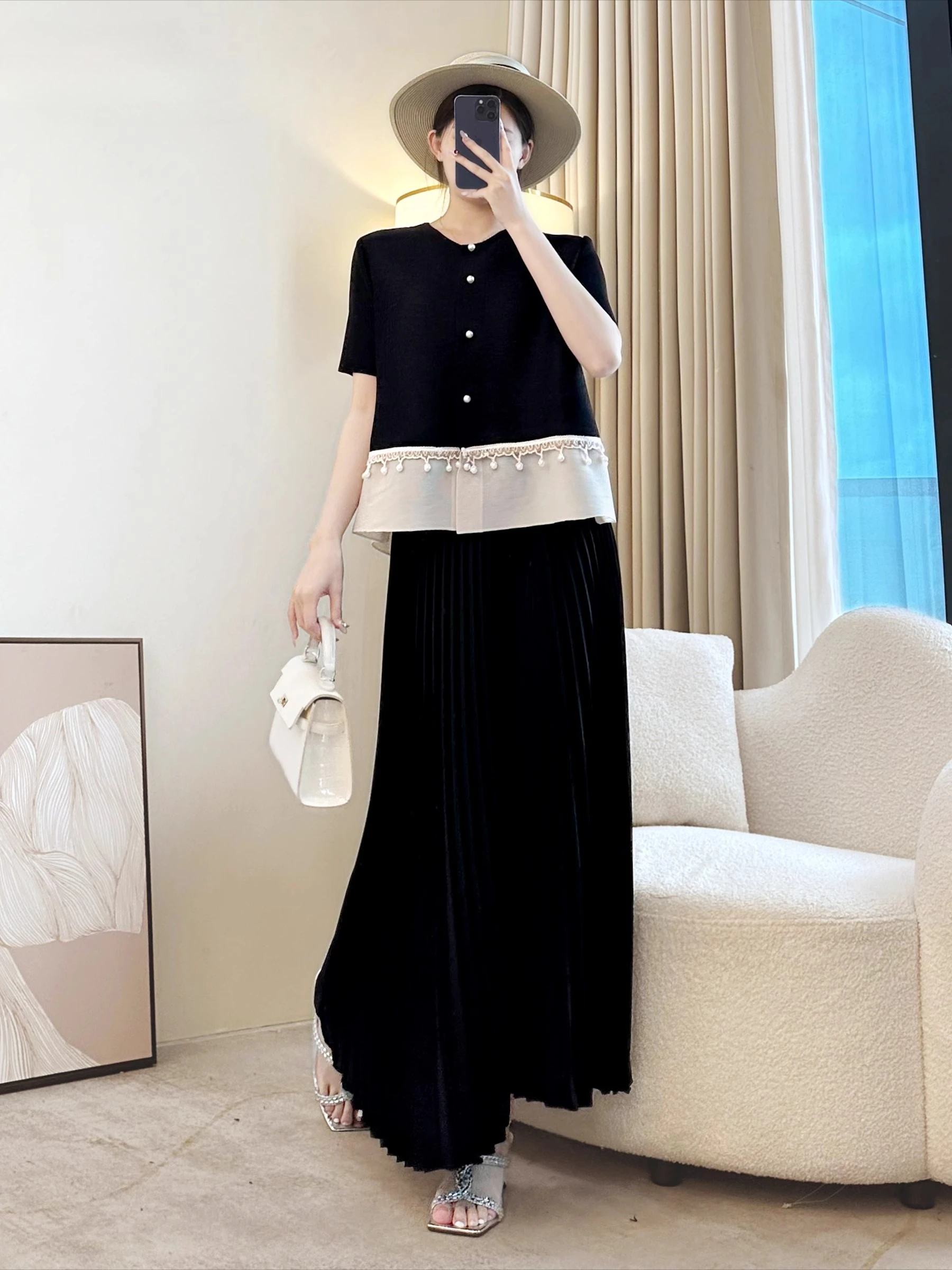 Letnia Sanzhai Prosta Jednolita Kolorowa Koralikowa Okrągła Dekoltowa Kurtka Top Nowa Luźna Temperamentna Duży Rozmiar Jednorzędowy Kardigan