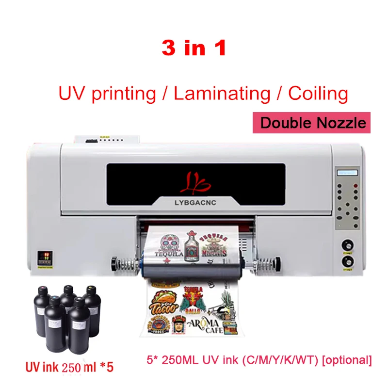 LY A3 multifunzionale stampa di etichette di cristallo laminazione avvolgimento 3 In 1 macchina UV DTF doppia macchina da stampa per t-shirt