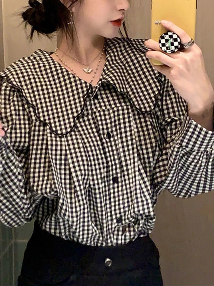 

Women Long Sleeve Plaid Shirts Vintage Peter Pan Collar Tops Female Spring Fashion Check Blouse Ladies Preppy Style Blouses