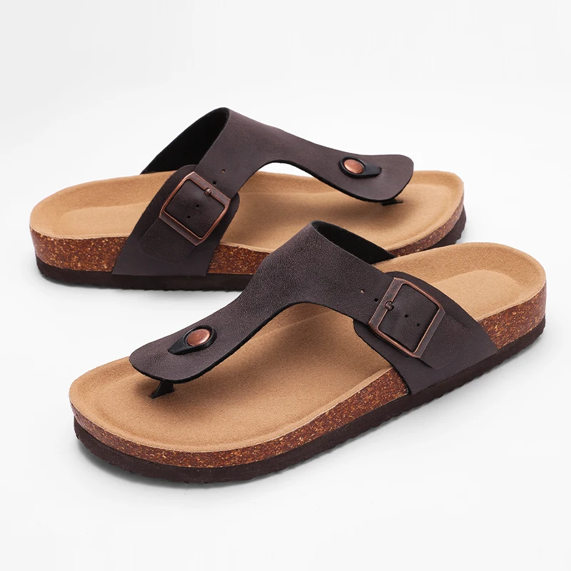 Comwarm New Cork Sandals For Women Open Toe Beach Slippers With Adjustable Buckle Women Flats Leather Cork Footbed Flip Flops