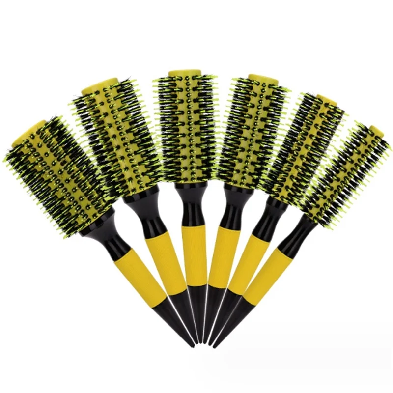 Professional 6pcs/set Yellow Wood Handle Boar Bristles Round Hair Comb Hairdressing Hair Brush Barber Salon Styling Tools