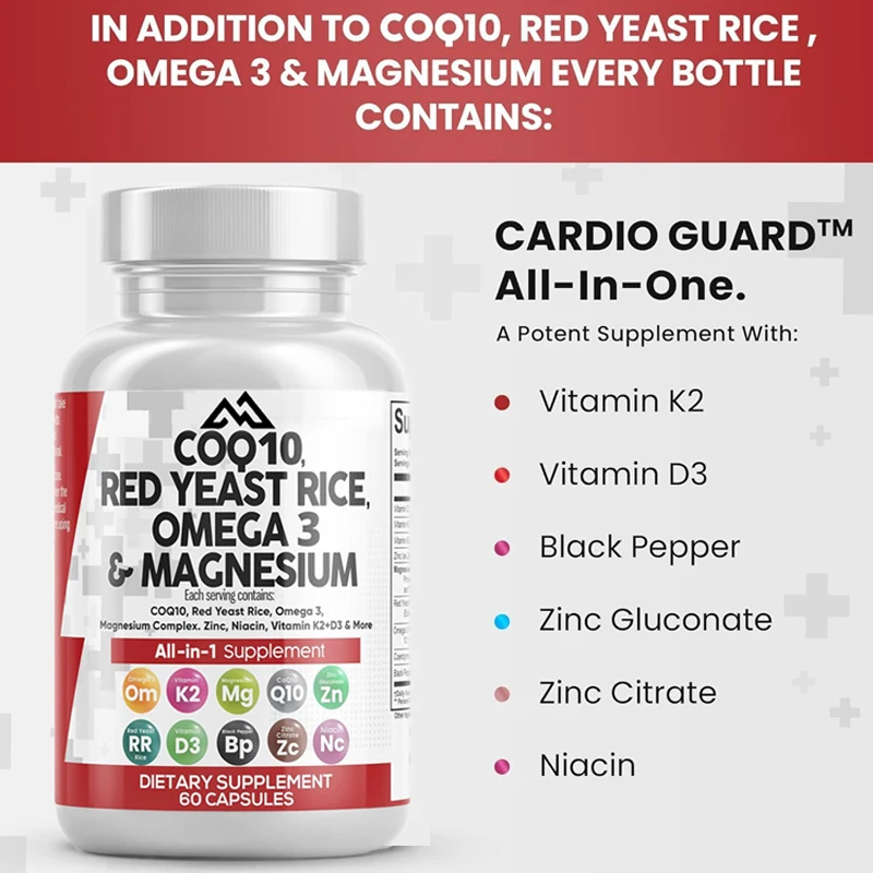 COQ10 Red yeast rice Omega 3 magnesium complex Niacin Zinc Vitamin K2 D3- Male and Female Heart Health Support Capsules