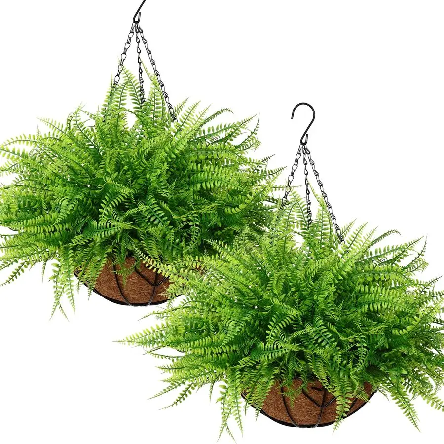 

Artificial Hanging Plants with Basket 2PCS Fake Boston Fern Baskets, Outdoor Faux Greenery Stems Hanging Decor UV Resistant Indo