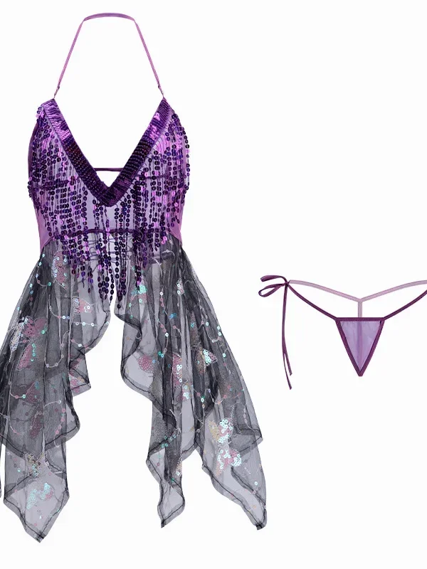 Purple Fairy Sister Dress Mesh Lace Transparent Tops Sexy Girl Butterfly Sequin Dress Elegant Butterfly Fairy Role Play