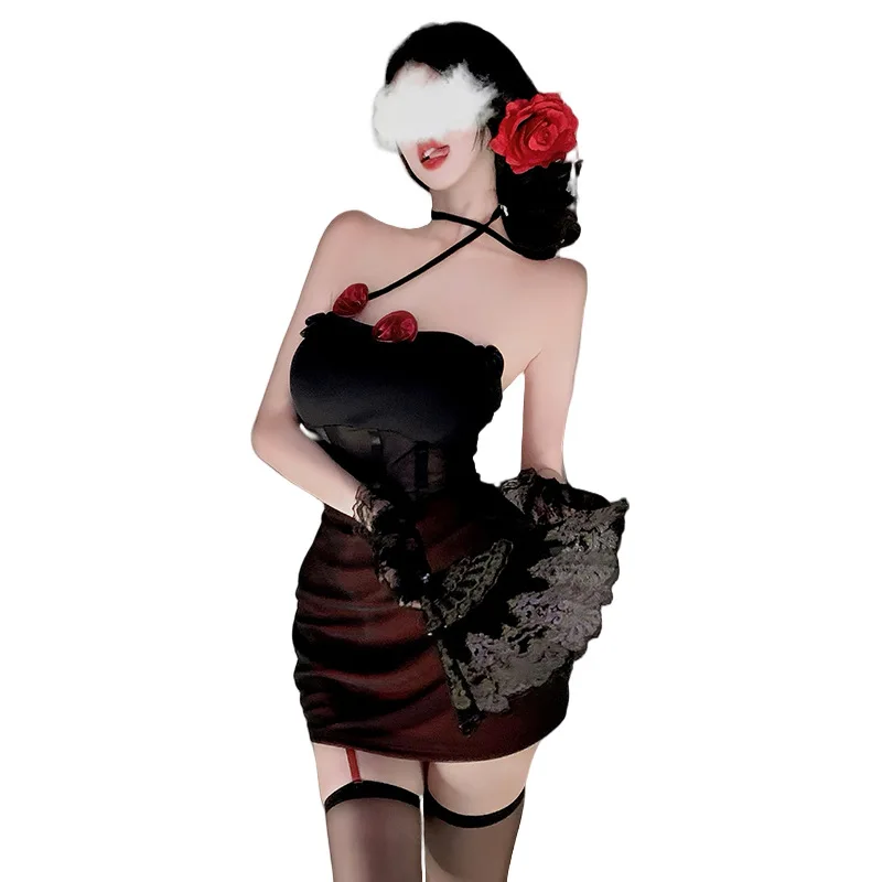 

Dark Pure Desire Spice Girl Прозрачная сетка с трехмерными цветами и висячим вырезом Сексуальное нижнее белье Сексуальное тонкое платье с открытой спиной