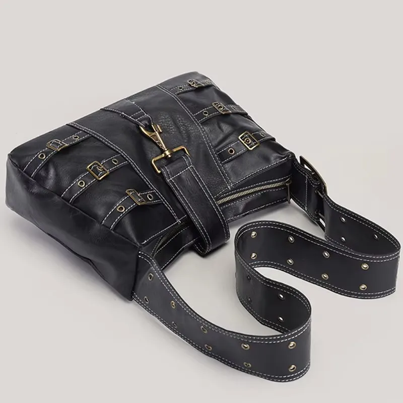 Damen-Y2K-Umhängetasche, lässige Tote-Bag im Heavy-Industry-Punk-Stil des Millenniums, Jugend-Umhängetasche mit breitem Schulterriemen und Nieten – Detail 6