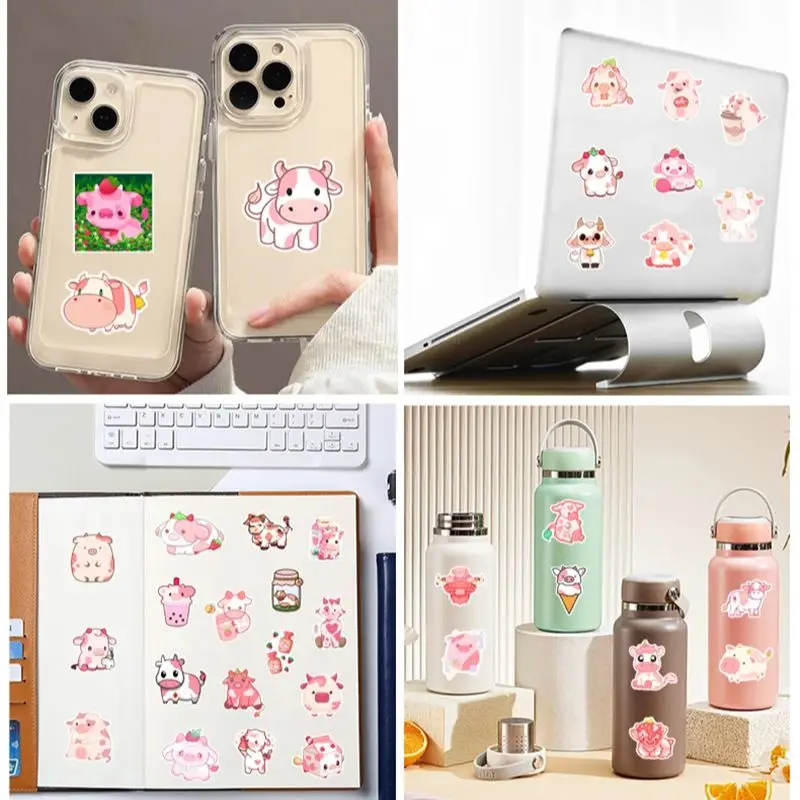 50Pcs Cute Pink Cow Cartoon Decals Graffiti Vinyl Waterproof Stickers for Adults Teen Decorated Suitcase Water Bottle DIY Phone