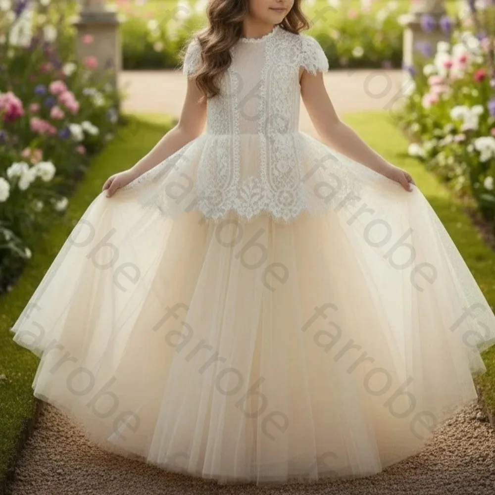 Customized Ivory Flower Girl Dress Ball Gown Floor Length High Neck Cap Sleeve Lace Tulle Scalloped Wedding Kids Princess Gown