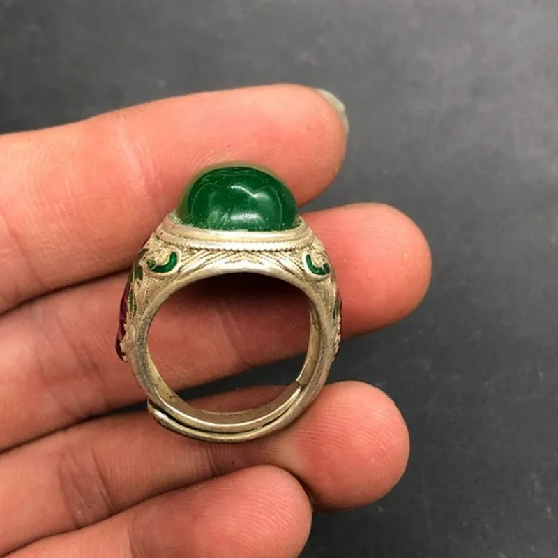 Vintage Grape Design Copper Ring, Inlaid Green Beads Adjustable Open Band, Antique Collectible Unisex Jewelry