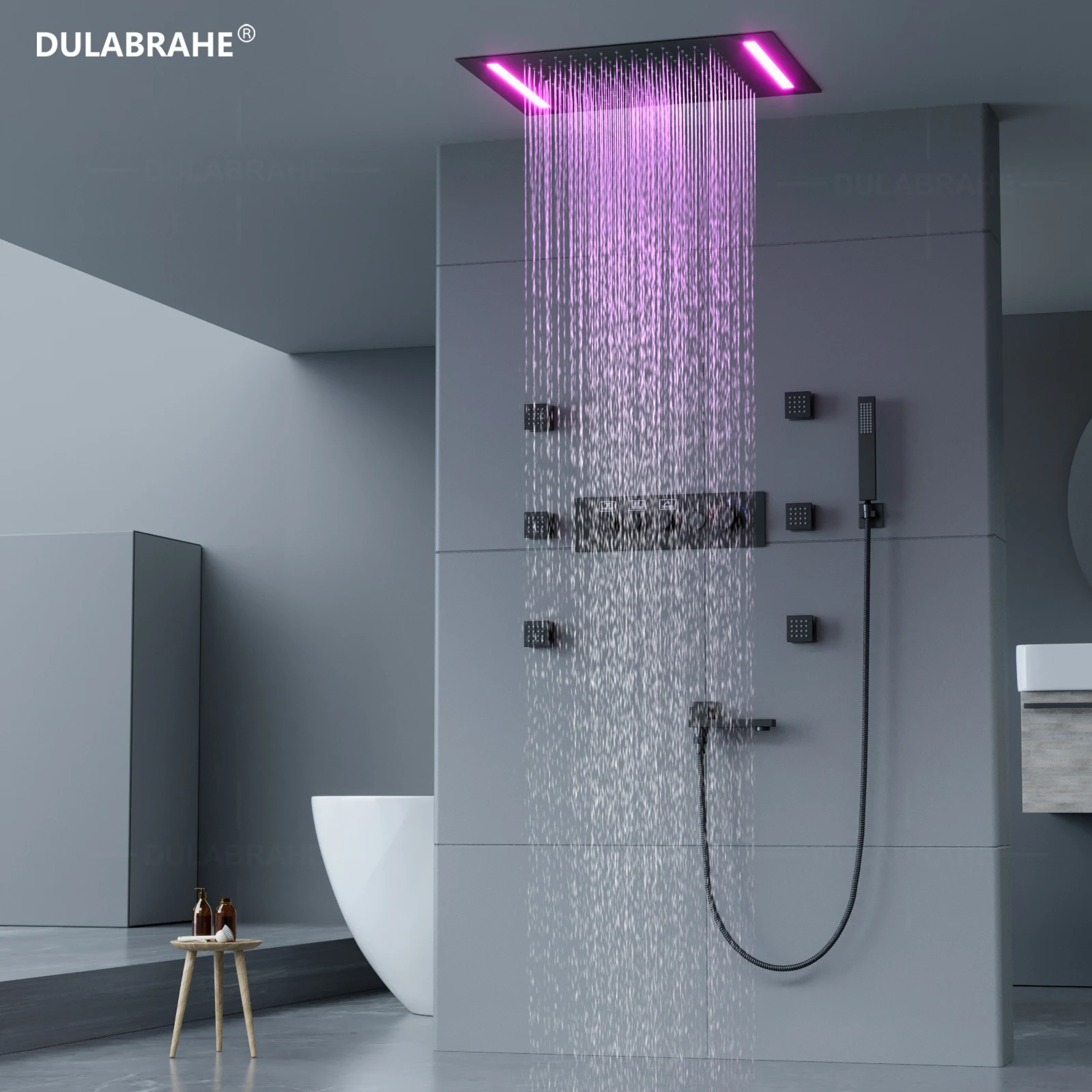 Black 20*14 Inch LED Rain Shower Head Ceiling Embedded Shower System Thermostatic Digital Display Shower Faucet Set