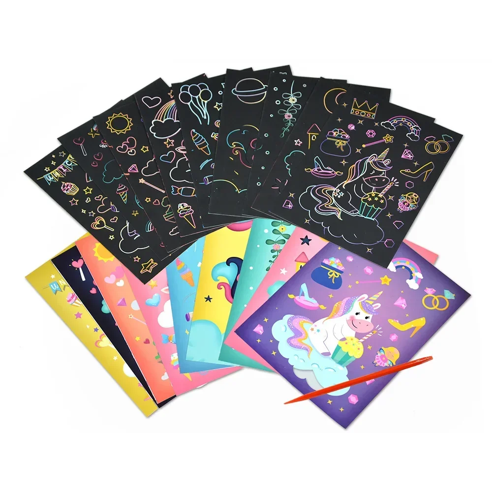 9PCS Dinosaur Animal Cartoon Rainbow Funny Magic Color Scratch Art Painting Paper Card Kit Drawing Stick Kids DIY Toy All Kind