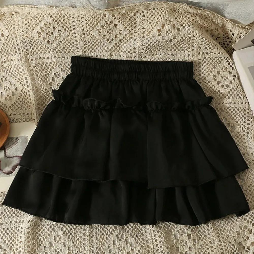 Chic Sweet Style Pleated A-Line Skirt Versatile Elegant Tiered Skirt High Waist Basic Cut Elastic Waist Skirt Summer