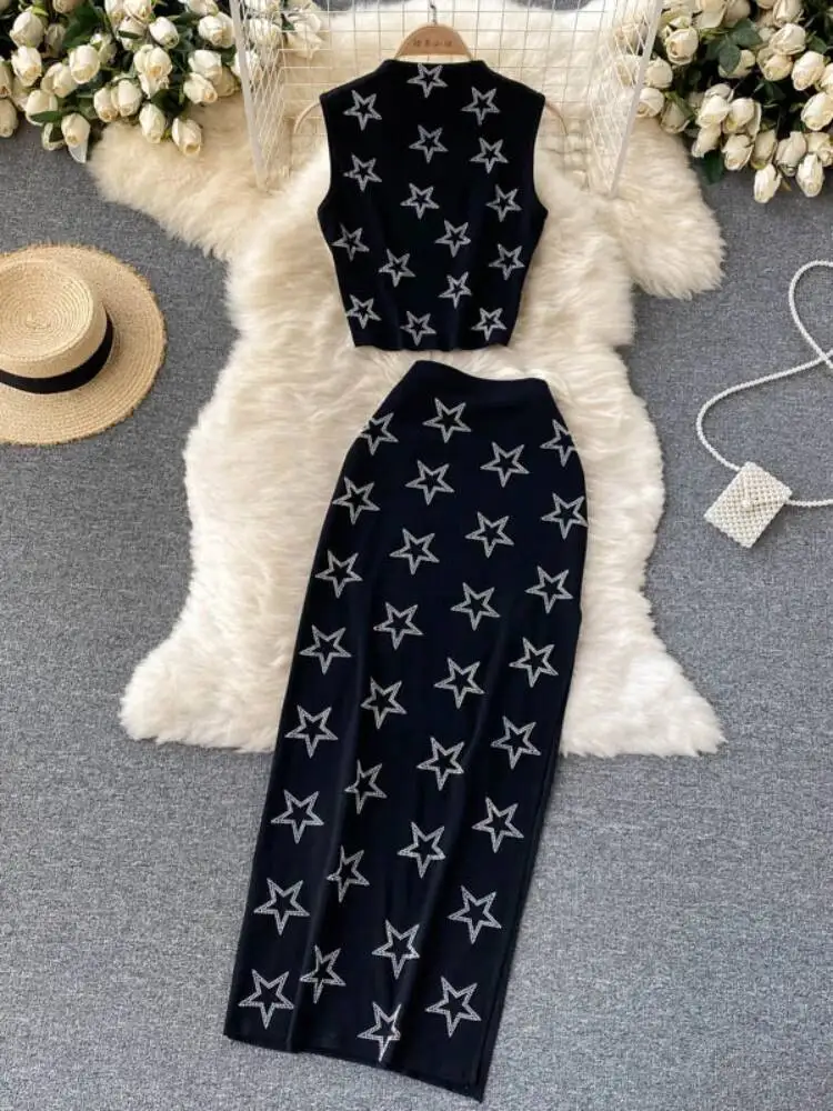 

Женские сексуальные черные комплекты из двух предметов, летние топы без рукавов и юбка-миди с запахом, женские элегантные вечерние костюмы со звездами и бриллиантами