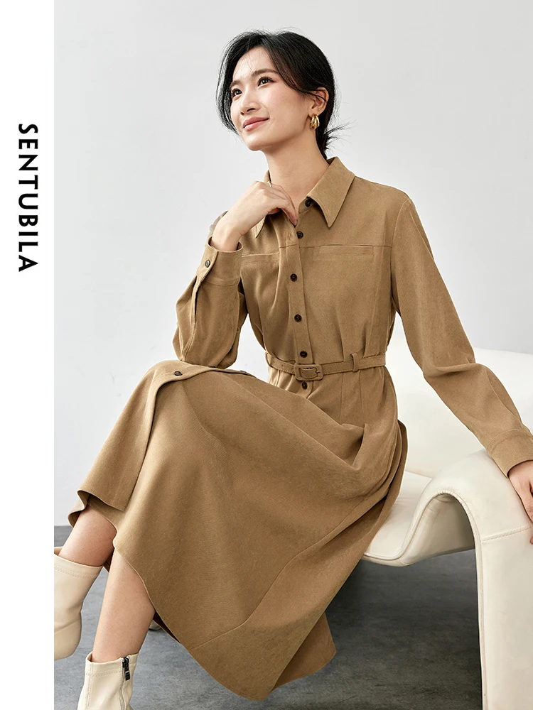 SENTUBILA Elegant A-line Dresses Women 2024 Autumn Commute Style Turn Down Collar Folds Black Dress with Leather Belt 143L56618