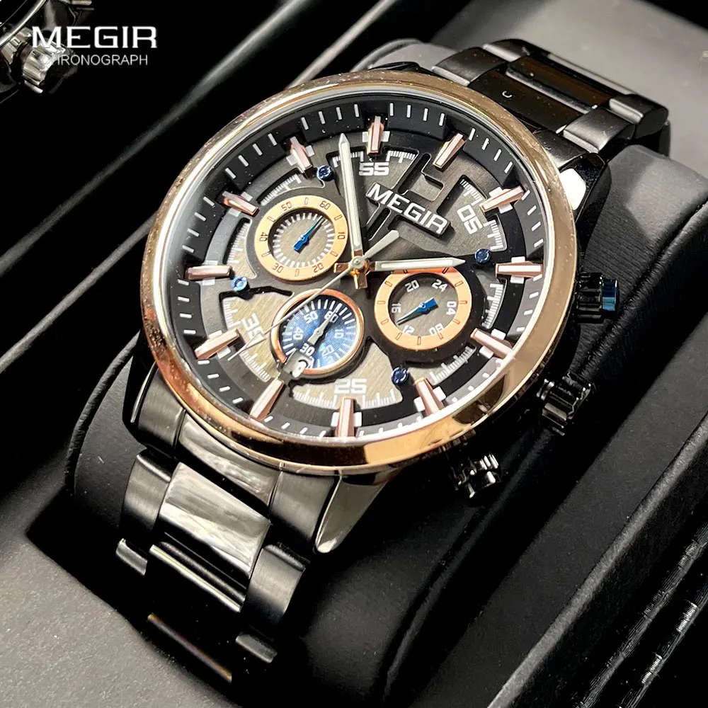 

MEGIR Formal Dress Watch Men Luminous Chronograph Quartz Wristwatch with Stainless Steel Strap Auto Date 24-hour Black Rose Gold