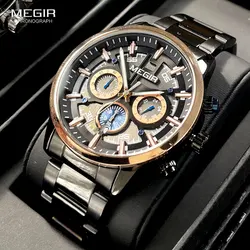 MEGIR Formal Dress Watch Men Luminous Chronograph Quartz Wristwatch with Stainless Steel Strap Auto Date 24-hour Black Rose Gold