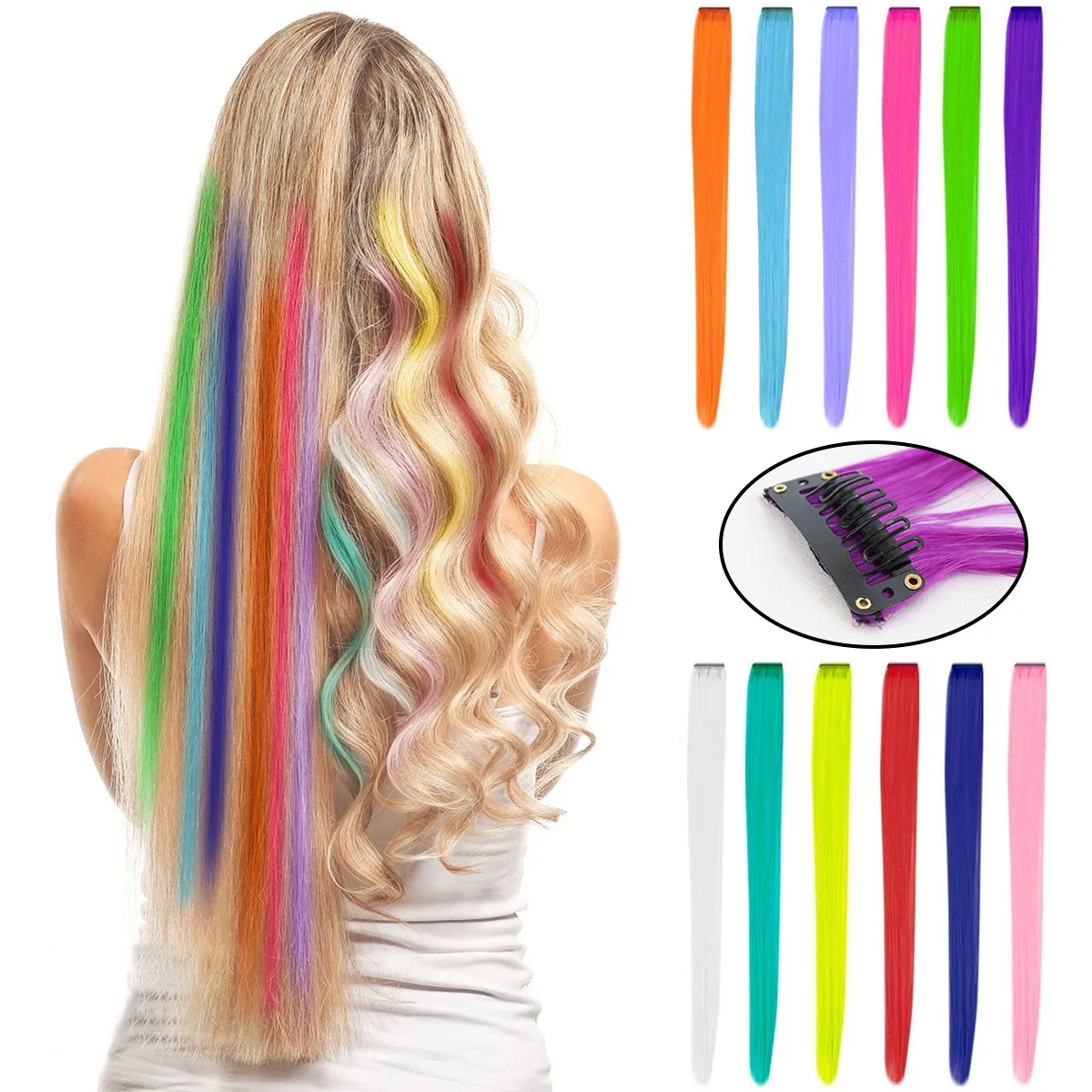

12 Colors Colorful Hair Tinsel Clip-in Extensions, Synthetic Fiber Multicolor Sparkly Hair Accessories for Daily & Events