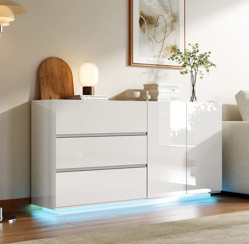 Hochglanz-Sideboard für das Wohnzimmer mit 3 Schubladen, Buffetschrank, moderner Wohnzimmerschrank für Esszimmer und Flur