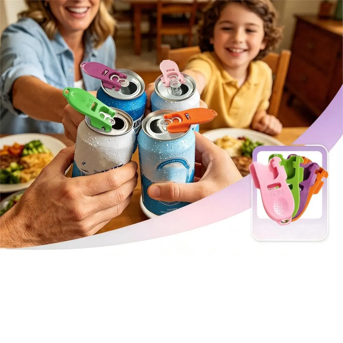 Soda Can Opener Set, 8PCS 4 Colors Easy Tab Opener and Drink Protector with Reusable Complete-Cover Plastic Can Toppers