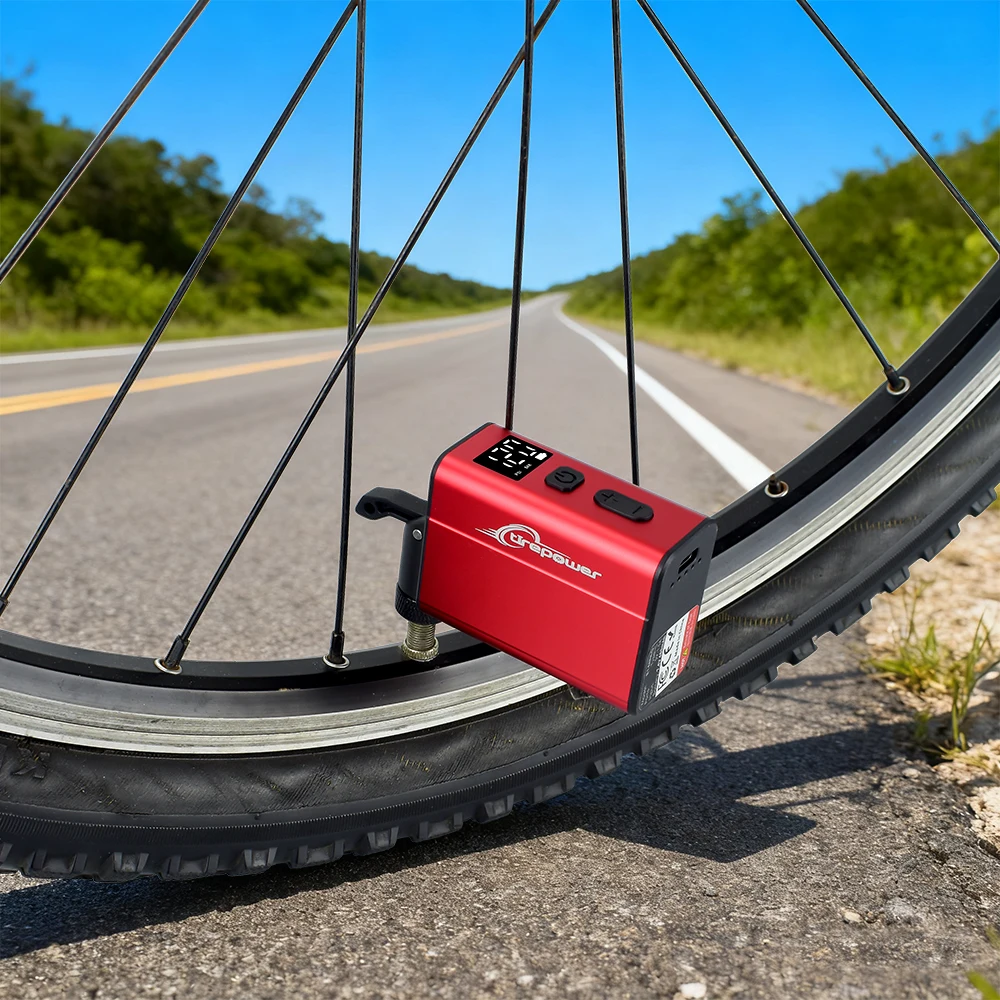 Elektrische Fahrradpumpe mit schnellem USB-C-Ladeanschluss, 120 PSI, tragbarer Mini-Reifenfüller mit zwei 480mAh Akkus und Display – Detail 15