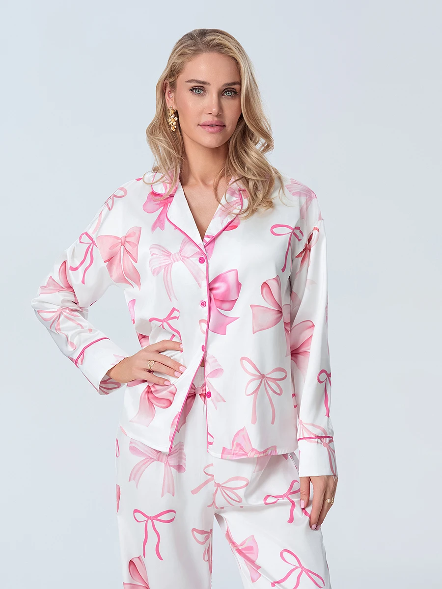 Women\'s Satin Pajamas Matching Set Long Sleeve Lapel Button Shirt with Pants Elegant Pink Bow Print Vacation Baggy Sleepwear